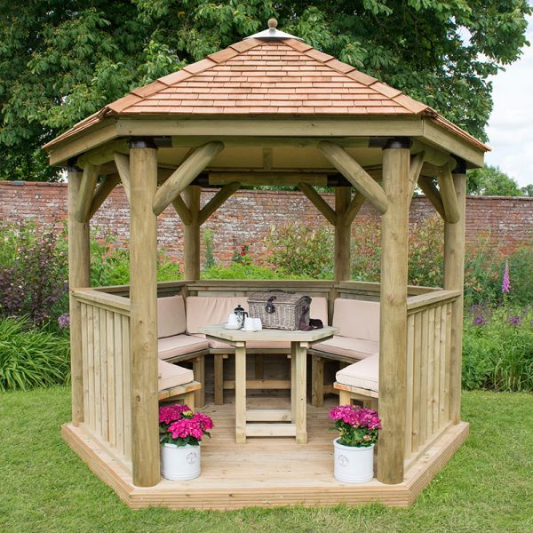 10'x9' (3x2.7m) Luxury Wooden Furnished Garden Gazebo with New England Cedar Roof - Seats up to 10 people