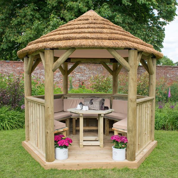 10'x9' (3x2.7m) Luxury Wooden Furnished Garden Gazebo with Thatched Roof - Seats up to 10 people