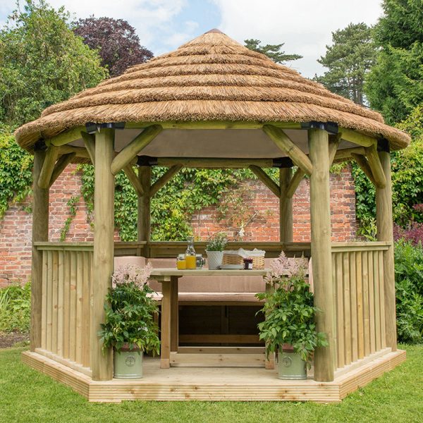 12'x10' (3.6x3.1m) Luxury Wooden Furnished Garden Gazebo with Country Thatch Roof - Seats up to 10 people