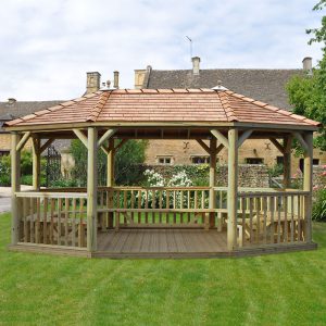 20'x15' (6x4.7m) Premium Oval Furnished Wooden Garden Gazebo with New England Cedar Roof - Seats up to 27 people