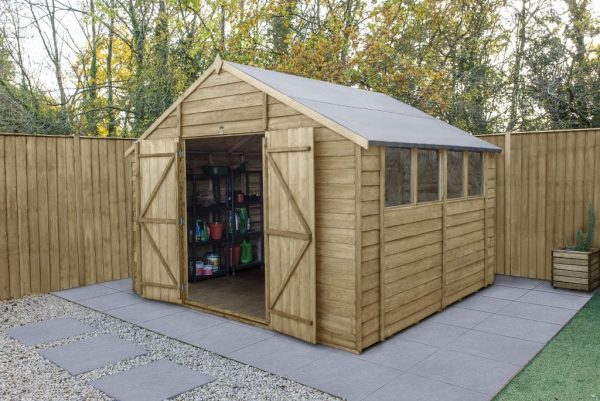 Forest Garden 10x10 Apex Overlap Pressure Treated Wooden Garden Shed with Double Door