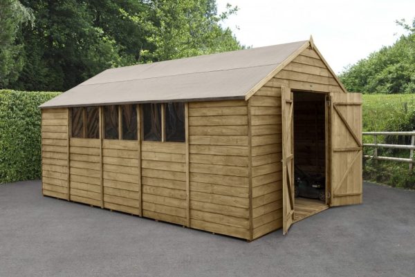 Forest Garden 10x15 Apex Overlap Pressure Treated Wooden Garden Shed with Double Door