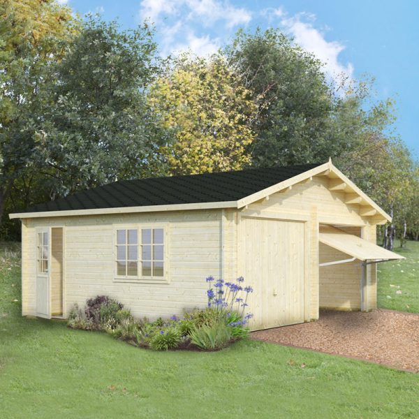 Palmako Roger 5.7m x 5.1m Log Cabin Double Garage (44mm) - Up and Over Door