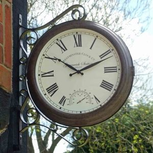 Double sided metal Greenwich station clock and thermometer