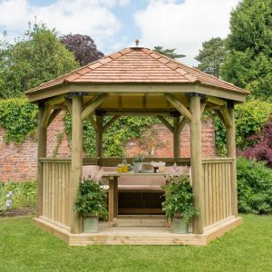 Forest Garden 3.6m Hexagonal Wooden Garden Gazebo with Cedar Roof - Furnished with Table, Benches and Cushions (Cream)