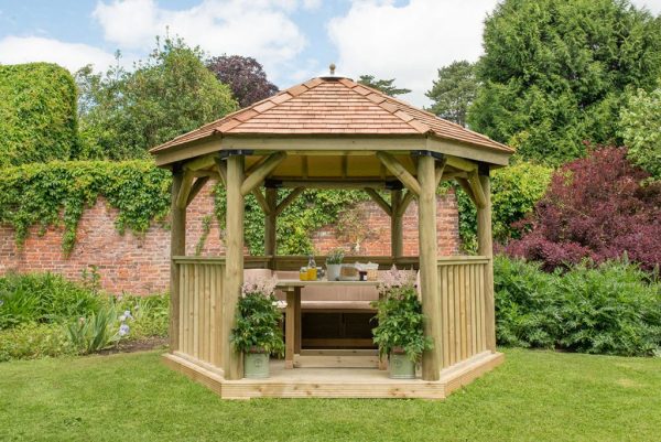 Forest Garden 3.6m Hexagonal Wooden Garden Gazebo with Cedar Roof - Furnished with Table, Benches and Cushions (Cream)