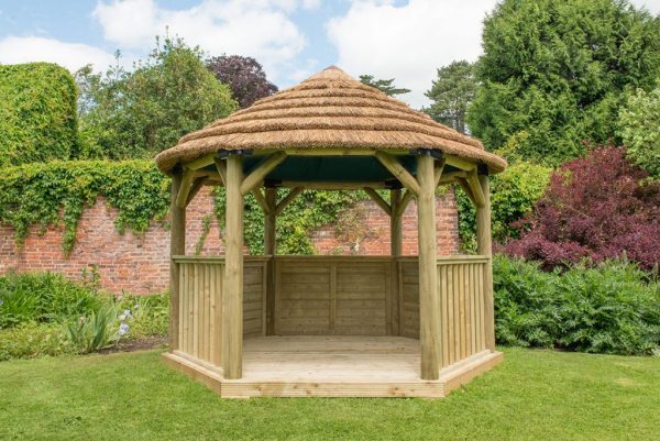 Forest Garden 3.6m Hexagonal Wooden Garden Gazebo with Thatched Roof - Cream Lining