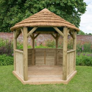 Forest Garden 3m Hexagon Wooden Garden Gazebo with Thatched Roof (Green Lining)