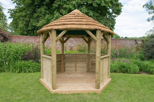 Forest Garden 3m Hexagon Wooden Garden Gazebo with Thatched Roof (Green Lining)