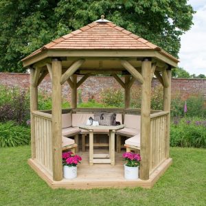 Forest Garden 3m Hexagonal Wooden Garden Gazebo with Cedar Roof - Furnished with Table, Benches and Cushions (Cream)