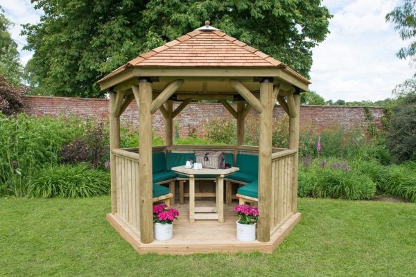 Forest Garden 3m Hexagonal Wooden Garden Gazebo with Cedar Roof - Furnished with Table, Benches and Cushions (Green)