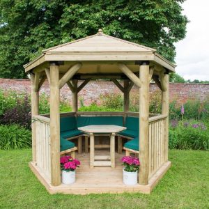 Forest Garden 3m Hexagonal Wooden Garden Gazebo with Timber Roof - Furnished with Table, Benches and Cushions (Green)