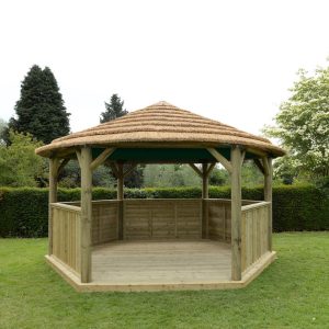 Forest Garden 4.7m Hexagonal Wooden Garden Gazebo with Thatched Roof - Green Lining