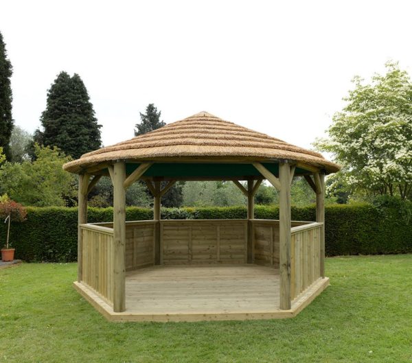 Forest Garden 4.7m Hexagonal Wooden Garden Gazebo with Thatched Roof - Green Lining