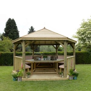 Forest Garden 4.7m Hexagonal Wooden Garden Gazebo with Timber Roof - Furnished with Table, Benches and Cushions (Cream)