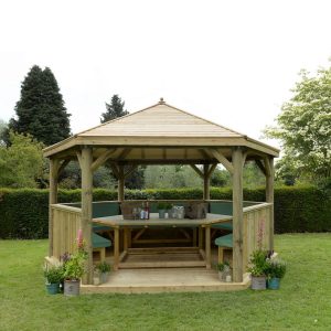 Forest Garden 4.7m Hexagonal Wooden Garden Gazebo with Timber Roof - Furnished with Table, Benches and Cushions (Green)