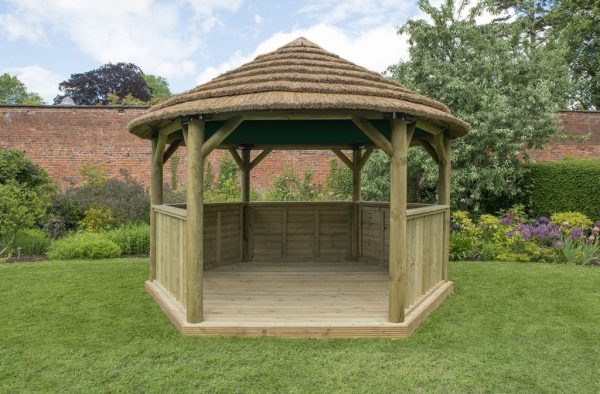 Forest Garden 4m Hexagonal Wooden Garden Gazebo with Thatched Roof - Cream Lining