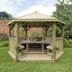 Forest Garden 4m Hexagonal Wooden Garden Gazebo with Timber Roof - Furnished with Table, Benches and Cushions (Cream)