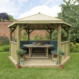 Forest Garden 4m Hexagonal Wooden Garden Gazebo with Timber Roof - Furnished with Table, Benches and Cushions (Green)