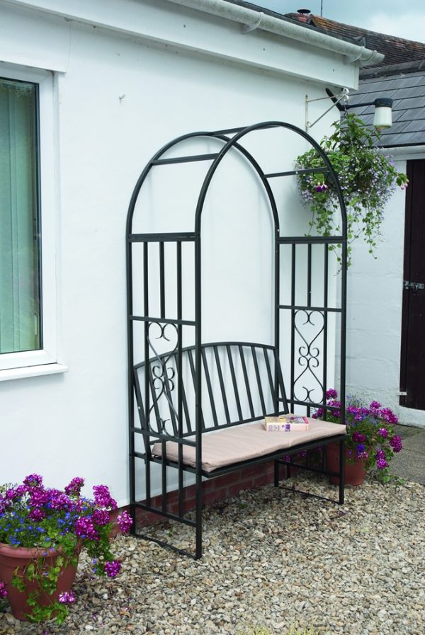 Gablemere Metal Garden Arch and Bench with Cushions (Gun Metal Grey)