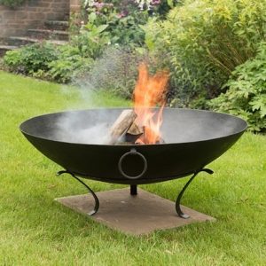 Iron disc fire pit bowl with tripod base