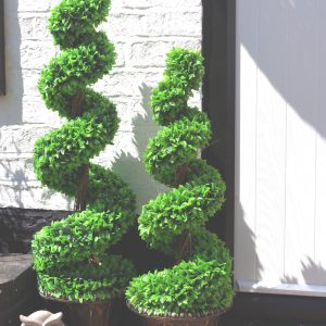 Leaf Design 120cm Pair of Artificial Green Large Leaf Spiral Topiary Trees with Decorative Planters