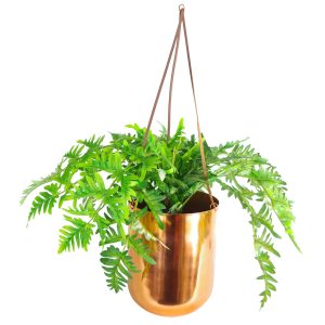 Leaf Design 60cm Hanging Copper Planter with Artificial Evergreen Fern Plant