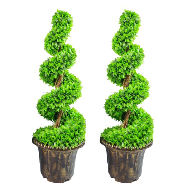 Leaf Design 90cm Pair of Green Large Leaf Spiral Topiary Trees with Decorative Planters