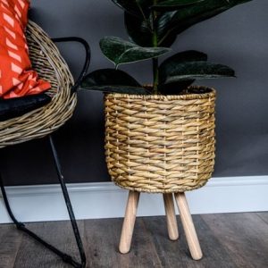 Water hyacinth lined plant basket on legs - natural