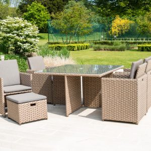 Willow 4 Seat Grand Rattan Cube Dining Set with 4 Stools by Alexander Rose (Fawn/Truffle)