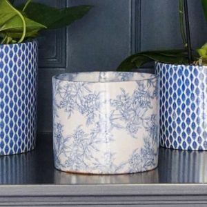 Printed vintage foliage plant pot - blue