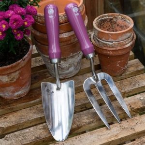 RHS Burgon and Ball trowel and fork gift box floral print - asteraceae