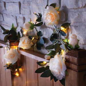 Solar String Lights (Rose Garland) L2m, 20 Solar-Powered Cream Roses, Steady or Flashing Light