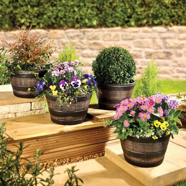 Barrell Planters Oak-Effect Set of 4 Dia.33.5cm x H20.5cm