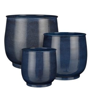 Lightweight large metal plant pot blue - set of 3