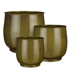 Lightweight large metal plant pot green - set of 3