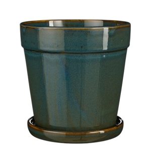 Reactive glaze plant pot with saucer - green