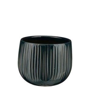 Ribbed round glazed plant pot - dark blue