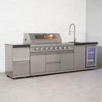 Draco Grills 6 Burner BBQ Modular Outdoor Kitchen with Double Drawers, Single Fridge and Sink Unit, Available Now / With Granite Side Panels