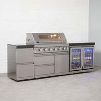 Draco Grills 6 Burner BBQ Modular Outdoor Kitchen with Double Drawers and Double Fridge Unit, Available Now / With Granite Side Panels