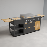 Draco Grills Scandic Line Modular Outdoor Kitchen with 5 Burner BBQ and Corner Unit, With Teak Side Shelves