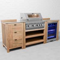 Draco Grills Teak 4 Burner Outdoor Kitchen with Modular Triple Drawer Unit and Single Fridge, With Side Panels / Beginning of September 2024