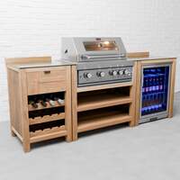 Draco Grills Teak 4 Burner Outdoor Kitchen with Modular Wine Cabinet and Single Fridge, With Side Panels / Beginning of September 2024