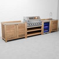 Draco Grills Teak 6 Burner Outdoor Kitchen with Modular Double Cupboard, Single Fridge and Sink, With Side Panels / Mid September 2024