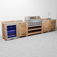 Draco Grills Teak 6 Burner Outdoor Kitchen with Modular Double Fridge, Sink, Single Cupboard, Triple Drawers, With Side Panels / Mid September 2024