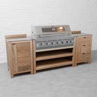 Draco Grills Teak 6 Burner Outdoor Kitchen with Modular Single Cupboard and Triple Drawer Unit, With Side Panels / Mid September 2024