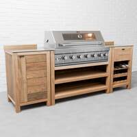 Draco Grills Teak 6 Burner Outdoor Kitchen with Modular Single Cupboard and Wine Cabinet, With Side Panels / Mid September 2024