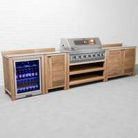 Draco Grills Teak 6 Burner Outdoor Kitchen with Modular Single & Double Cupboards and Single Fridge, With Side Panels / Mid September 2024