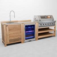 Draco Grills Teak 6 Burner Outdoor Kitchen with Modular Sink and Single Fridge, With Side Panels / Mid September 2024