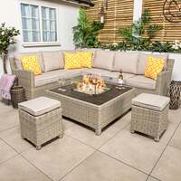 Kettler Palma Corner Right Hand Oyster Wicker Outdoor Sofa Set with Low Fire Pit Table